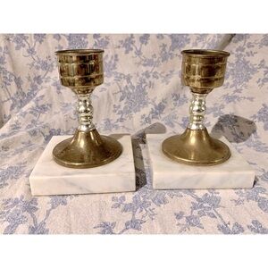 VTG Pair of MCM Brass and Marble Candlesticks